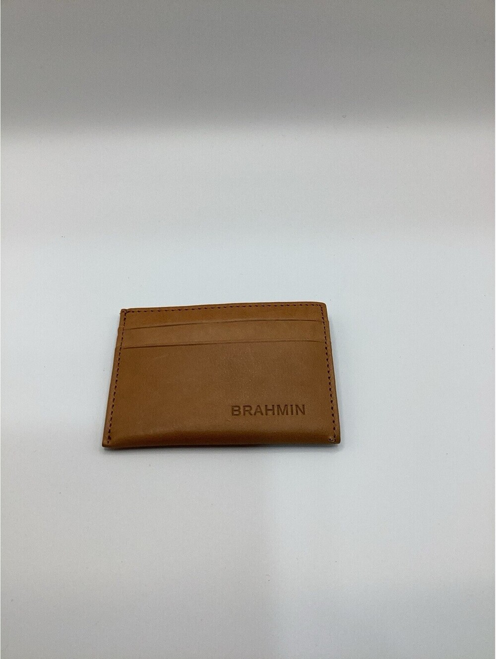 Brahmin Tan Leather Slim Card Case Wallet with ID Window and Logo Lining